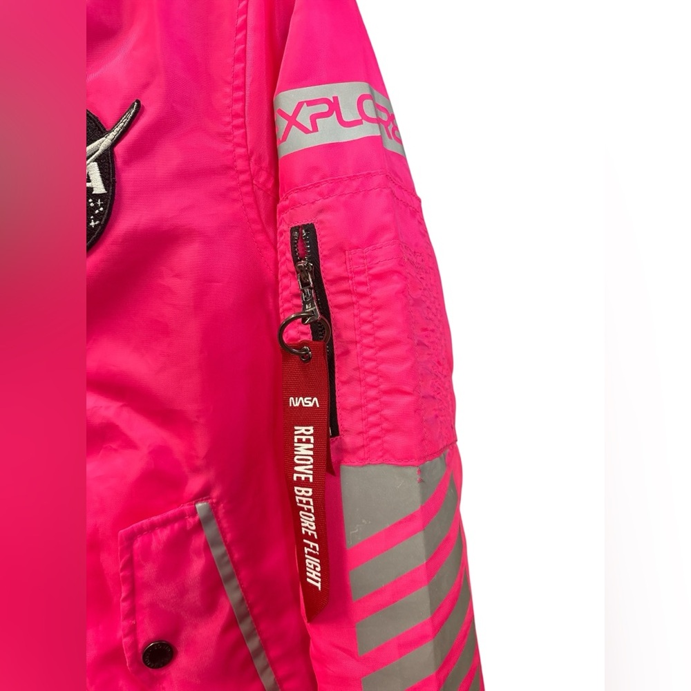 South Pole NASA Hot Pink Bomber Jacket Space Patch Festival Grunge Jr M - Picture 4 of 8